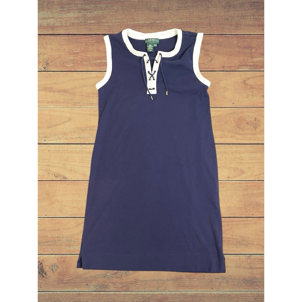 Lauren Ralph Lauren Petite Navy And White Sleeveless Dress With Tie Front P/L